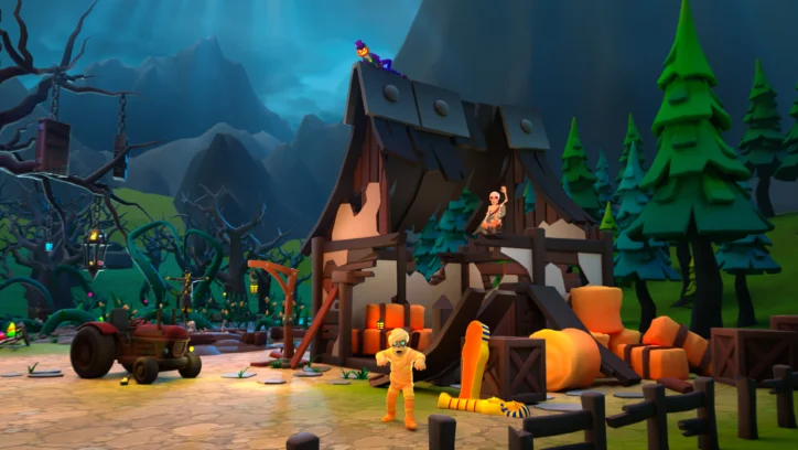 Halloween scene with spooky farmhouse, mummy, skeleton, and pumpkins.