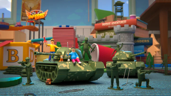 Toy tanks and soldiers in a child's playroom with books and toys
