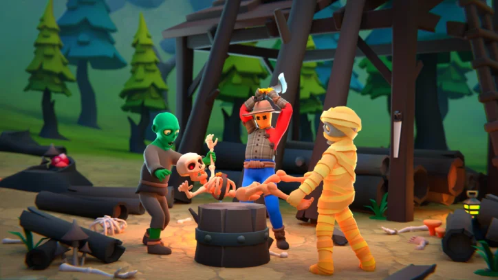 Cartoon zombie and mummy interact with a skeleton near a wooden structure.