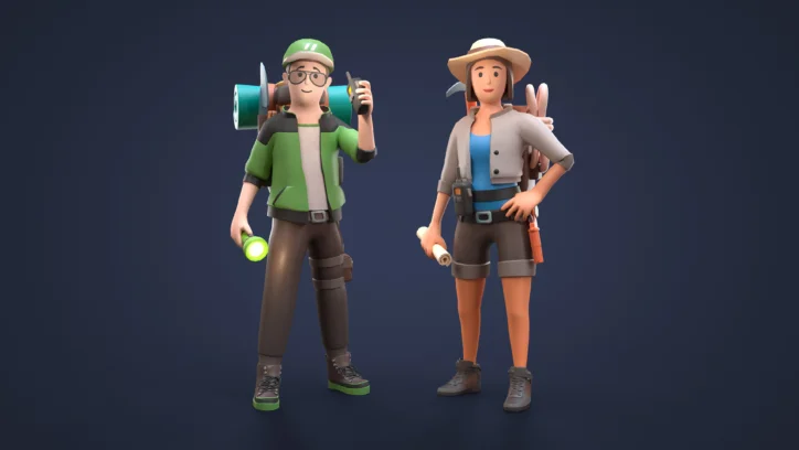 Two cartoon adventurers in hiking gear, one holding a flashlight, ready for exploration.