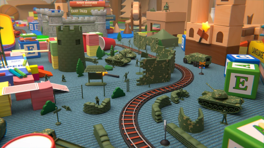 Toy military battlefield with tanks, soldiers, and train tracks.
