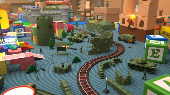 Toy military battlefield with tanks, soldiers, and train tracks.