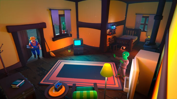 Cozy cartoon living room with a zombie and a farmer holding an axe.