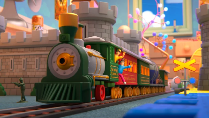 Toy train with children waving from the windows, set against a castle backdrop.
