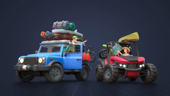 Two cartoon adventure vehicles, a blue SUV and red buggy, loaded with camping gear for a road trip.