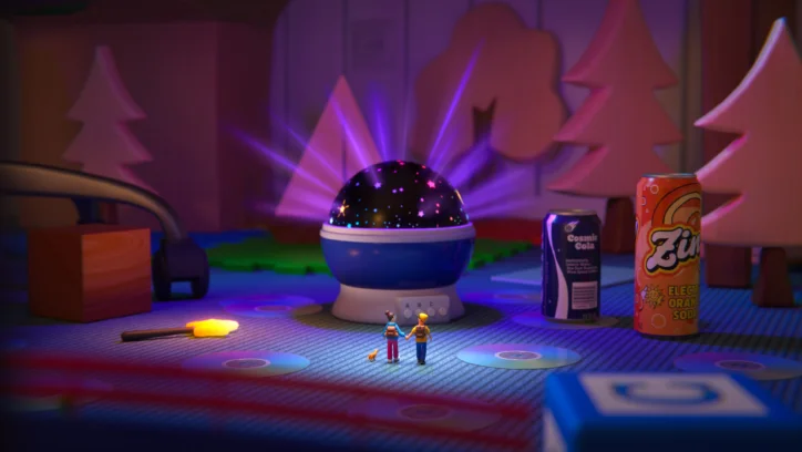 Children and toys in a room with a star projector, Cosmic Cola, and Zest Orange Soda.