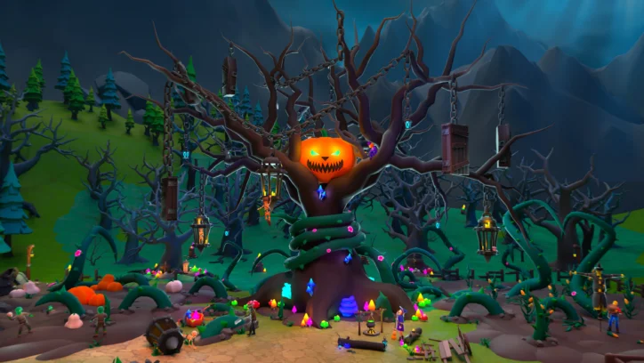 Spooky Halloween tree with jack-o'-lantern, chains, and glowing crystals