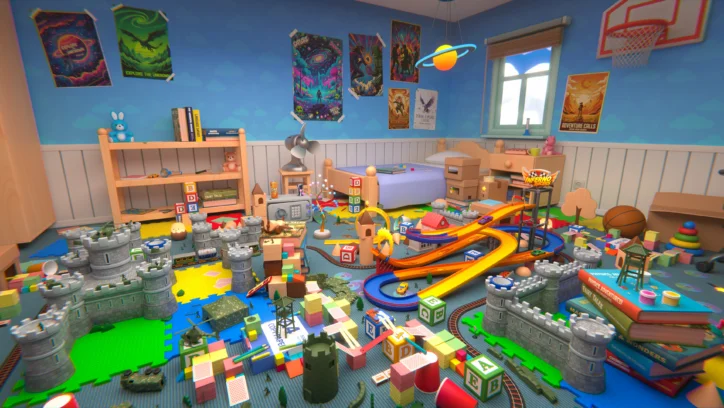 A child's bedroom overflowing with toys, including toy castles, a race car track, and stuffed animals.