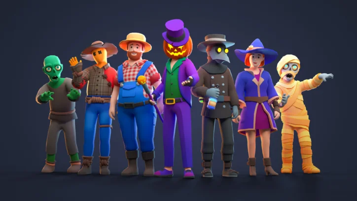 Group of cartoon Halloween characters: zombie, scarecrow, farmer, pumpkin man, plague doctor, witch, and mummy.