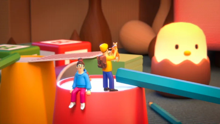 Two cartoon children playing with toys, one holding a fox.