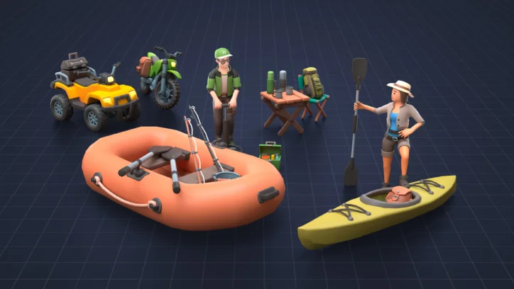 Outdoor adventure gear: ATV, motorcycle, raft, kayak, camping table, and figures