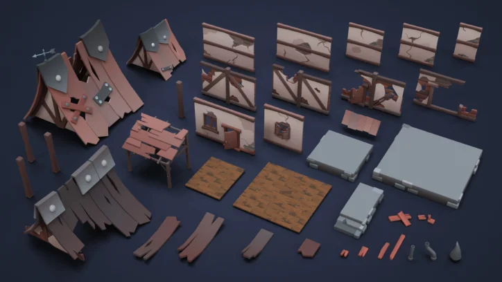 3D game assets: broken wooden structures, walls, and flooring