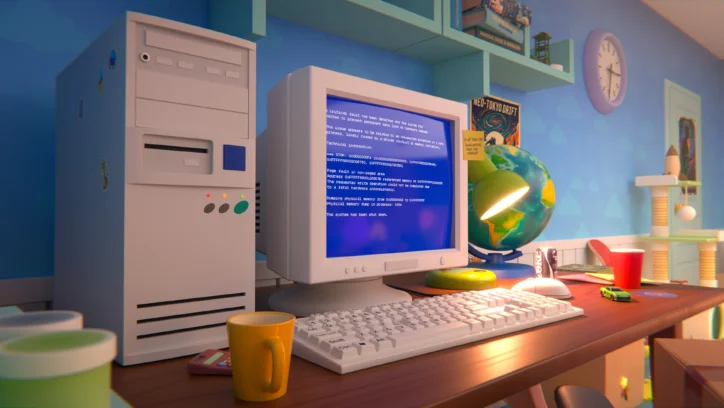 Retro computer setup with a blue screen of death error on the monitor.