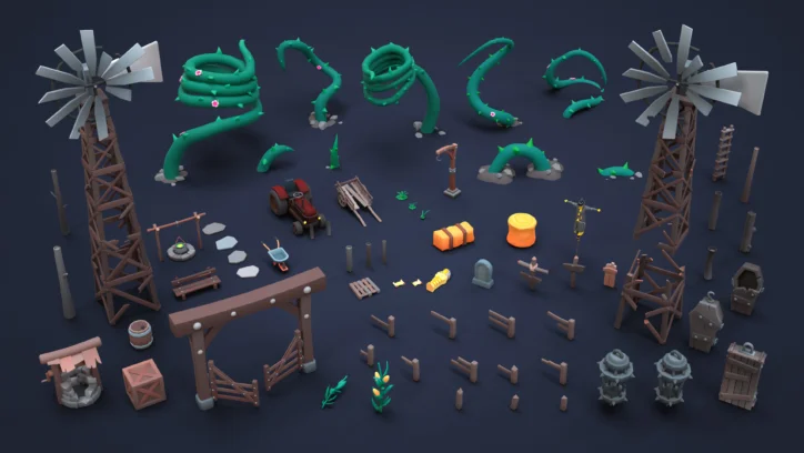 3D cartoon assets: windmills, tractor, cart, plants, well, fences, and tombstone for game design.