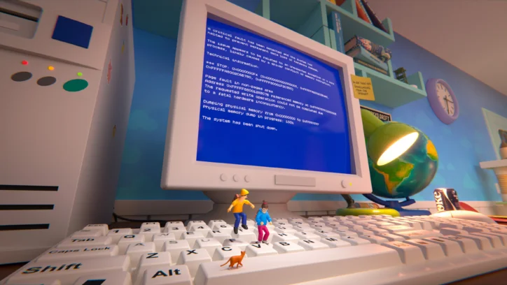 Blue Screen of Death on CRT monitor with tiny figures on keyboard.