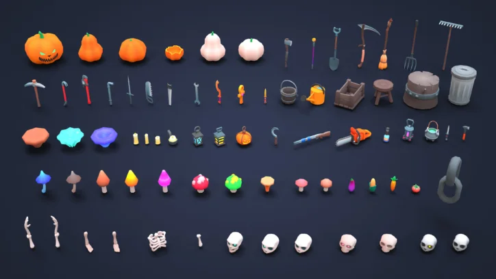 A collection of cartoonish Halloween-themed items including pumpkins, tools, and mushrooms.