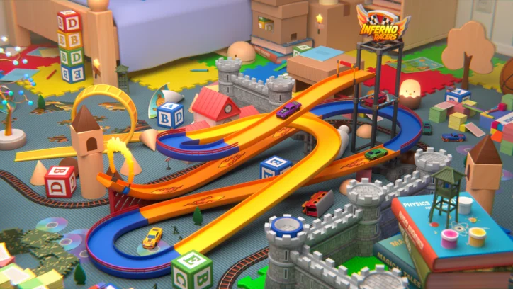 Toy race cars on a colorful track with castles and blocks