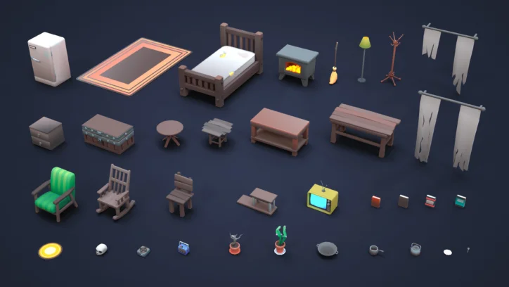 3D render of cartoon-style furniture and household items for game development.