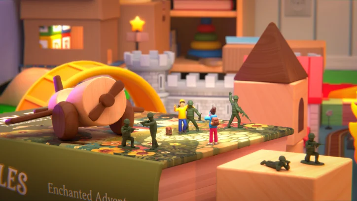 Toy soldiers and figures on a book, with toy castle and blocks in background