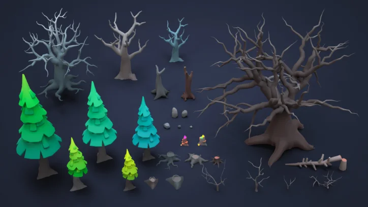 Stylized 3D forest assets: evergreen trees, bare trees, stumps, and rocks