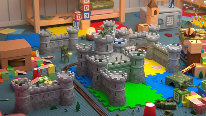 Toy castle with soldiers, blocks, and cars on a play mat.
