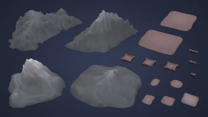 3D render of terrain assets: mountains, hills, and building elements for game design.