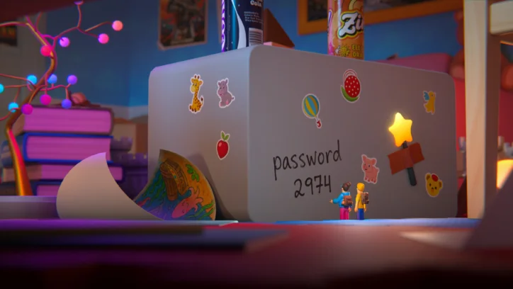 Lego figures near a fridge with "password 2974" and stickers.