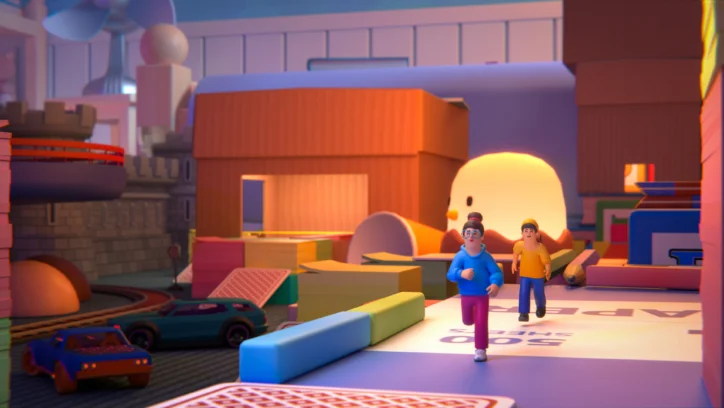Two children running through a giant toy room with oversized board game pieces.