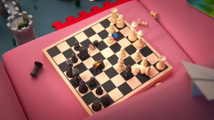 Miniature figures play chess on a large board, with a toy castle in the background.