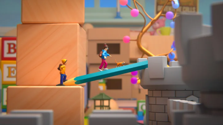 Two children and a cat walk across a giant pencil bridge in a toy world.