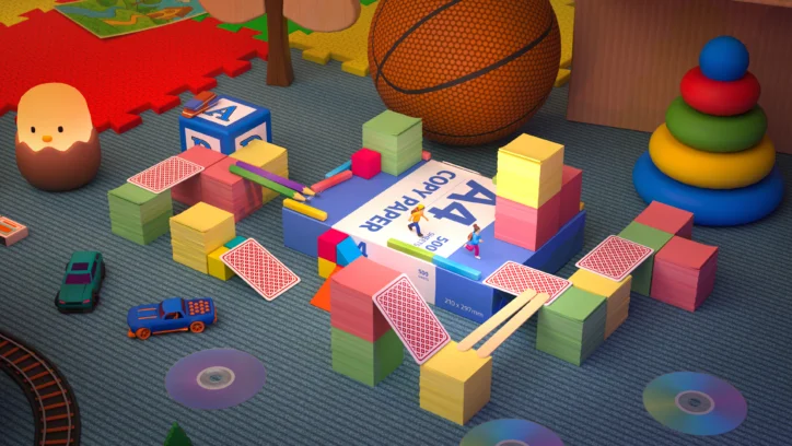 Playroom scene with building blocks, toys, and a basketball.