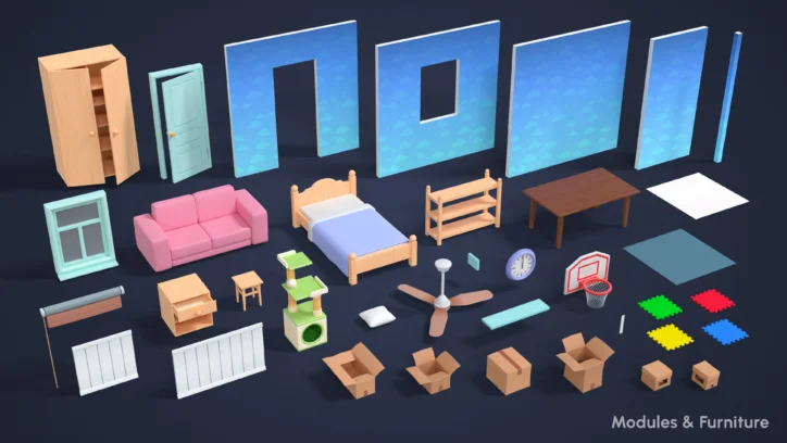 3D render of modular furniture and room elements for interior design simulation.