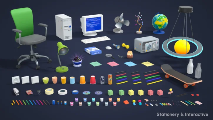 Office and school supplies: desk chair, computer, globe, safe, skateboard, and stationery.