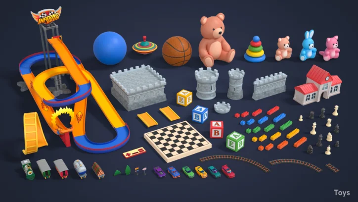 Collection of toy cars, trains, blocks, and a race track
