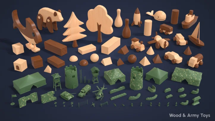 Collection of wooden toys and green army toys, including vehicles, buildings, and figures.