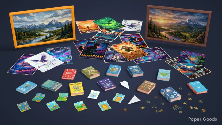 Collection of colorful paper goods: framed art, posters, books, and puzzles.