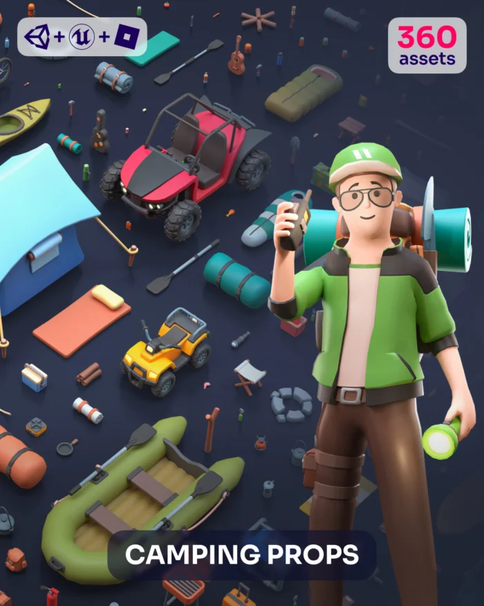 360 camping props: cartoon hiker, tent, buggy, raft, sleeping bag