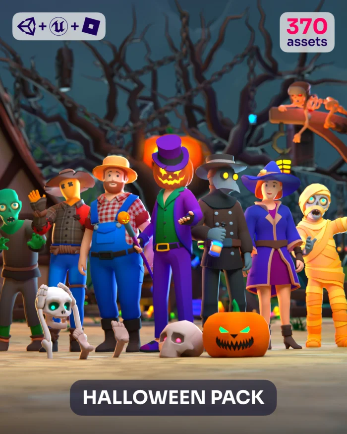 Halloween Pack: 370 assets featuring cartoon characters like zombies, mummies, and a pumpkin man.