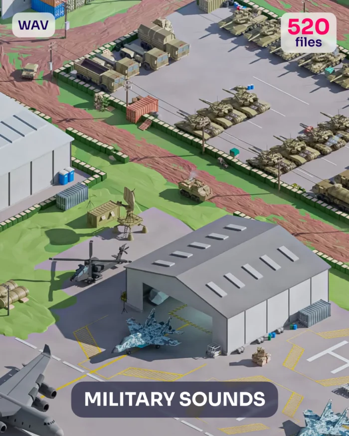 Military sounds: aerial view of tanks, aircraft, helicopter, and hangar
