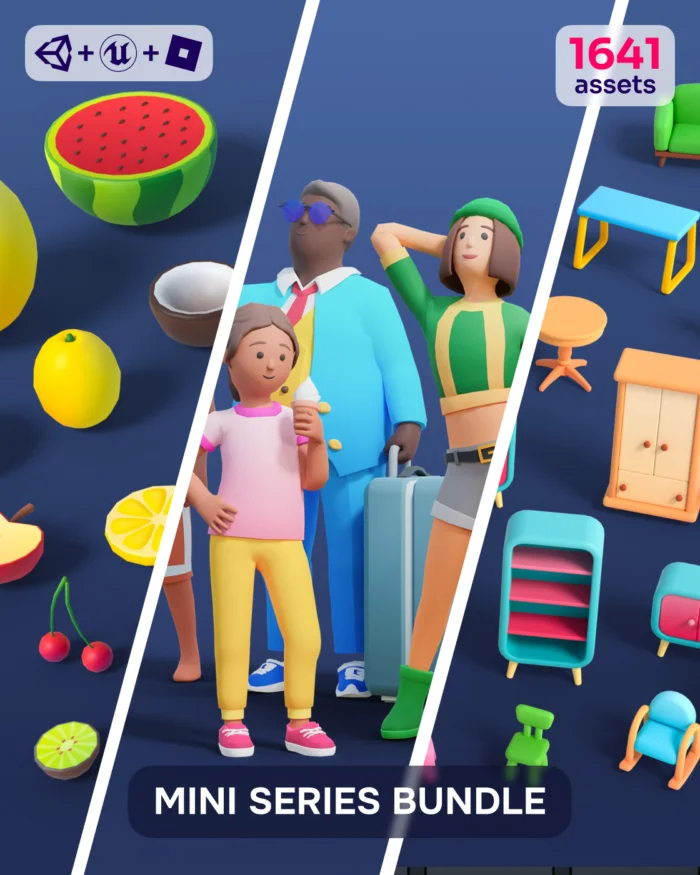 Mini Series Bundle: 3D cartoon characters, furniture, and food assets.