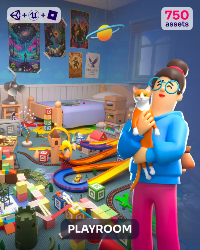 Playroom scene with toys, a woman holding a cat, and Unity logo