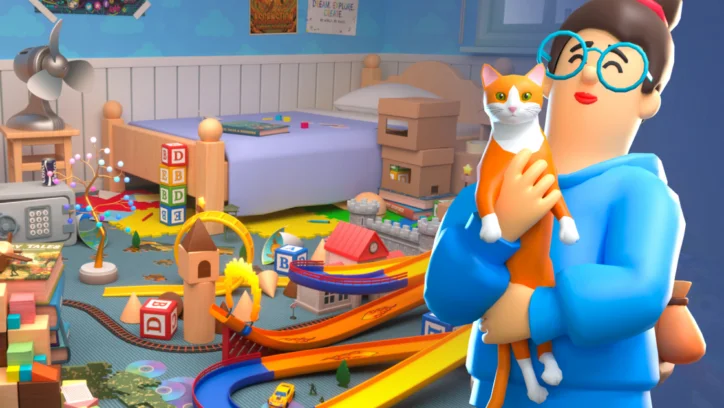 Playroom scene with toys, a woman holding a cat, and Unity logo