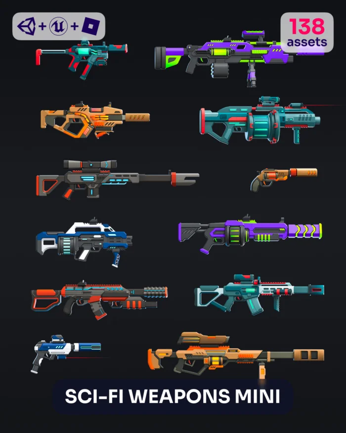 Collection of sci-fi weapons, including futuristic guns and blasters, with "SCI-FI WEAPONS MINI" text.