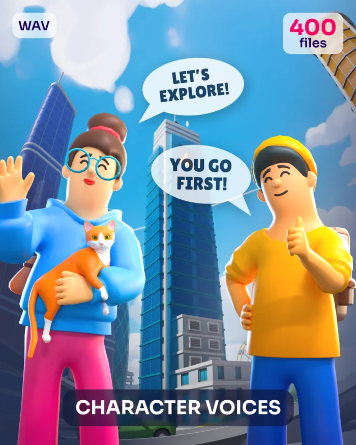 3D characters with cat, speech bubbles "Let's explore!" and "You go first!", "Character Voices" text