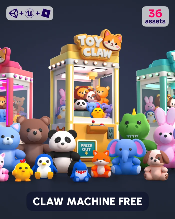 3D claw machine with cute plush toys, labeled "CLAW MACHINE FREE
