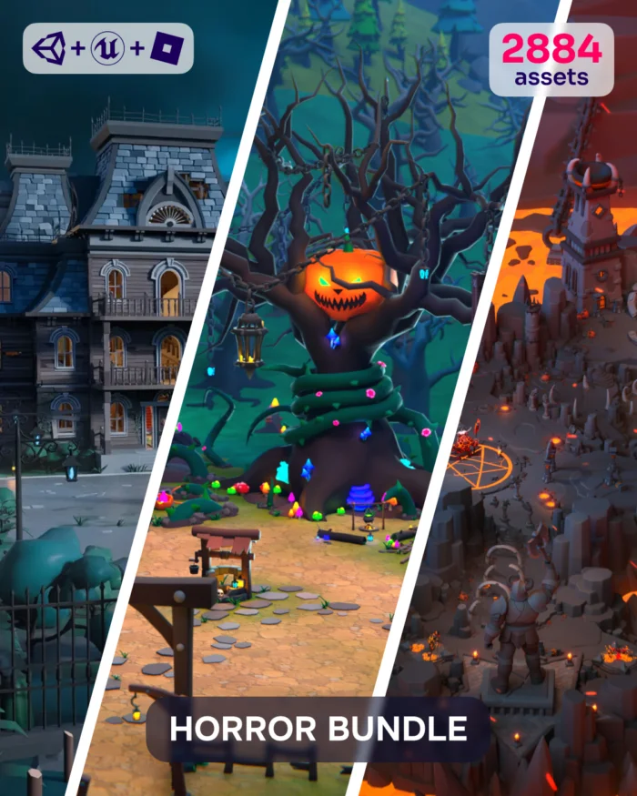 Horror bundle assets: spooky mansion, jack-o'-lantern tree, and fiery landscape