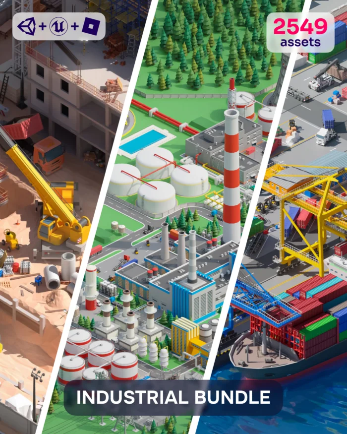 Industrial Bundle: construction site, factory, and shipping port assets