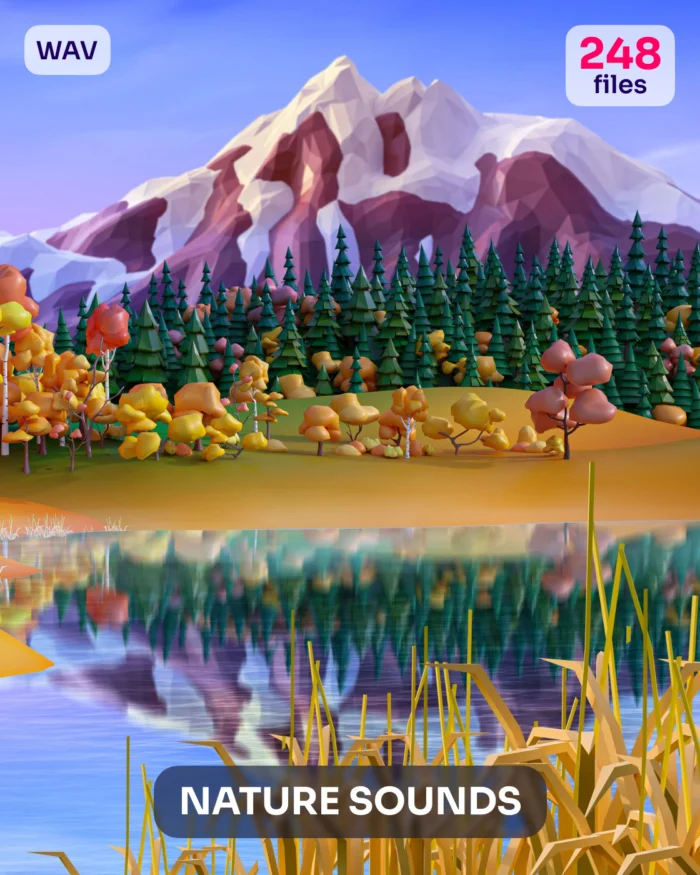Cartoon landscape with mountains, autumn trees, lake, and "NATURE SOUNDS 248 files WAV" text